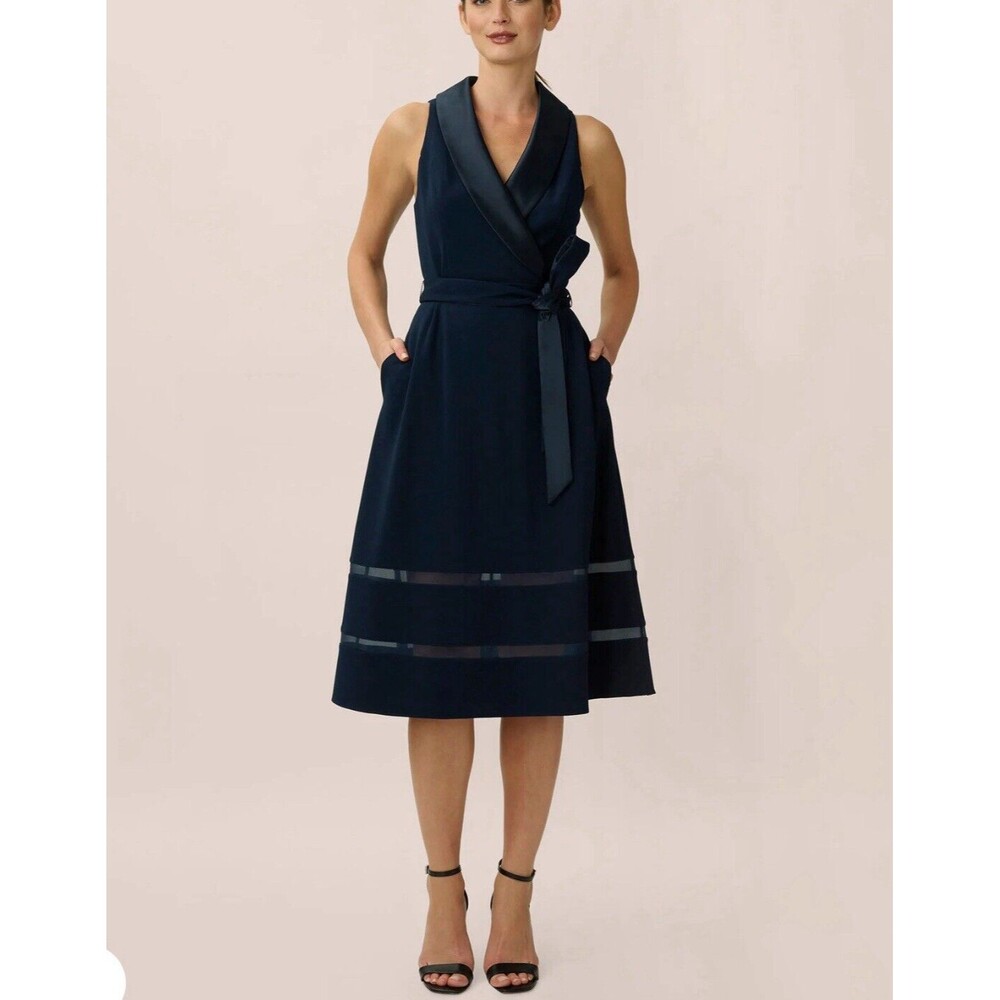 Adrianna Papell Stretch Knit Crepe MIDI Tuxedo Dress W/Inserts In Midnight Sz 6 - Picture 2 of 13